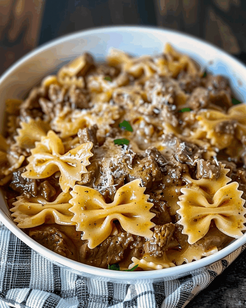Creamy Parmesan Garlic Beef Bowtie Pasta