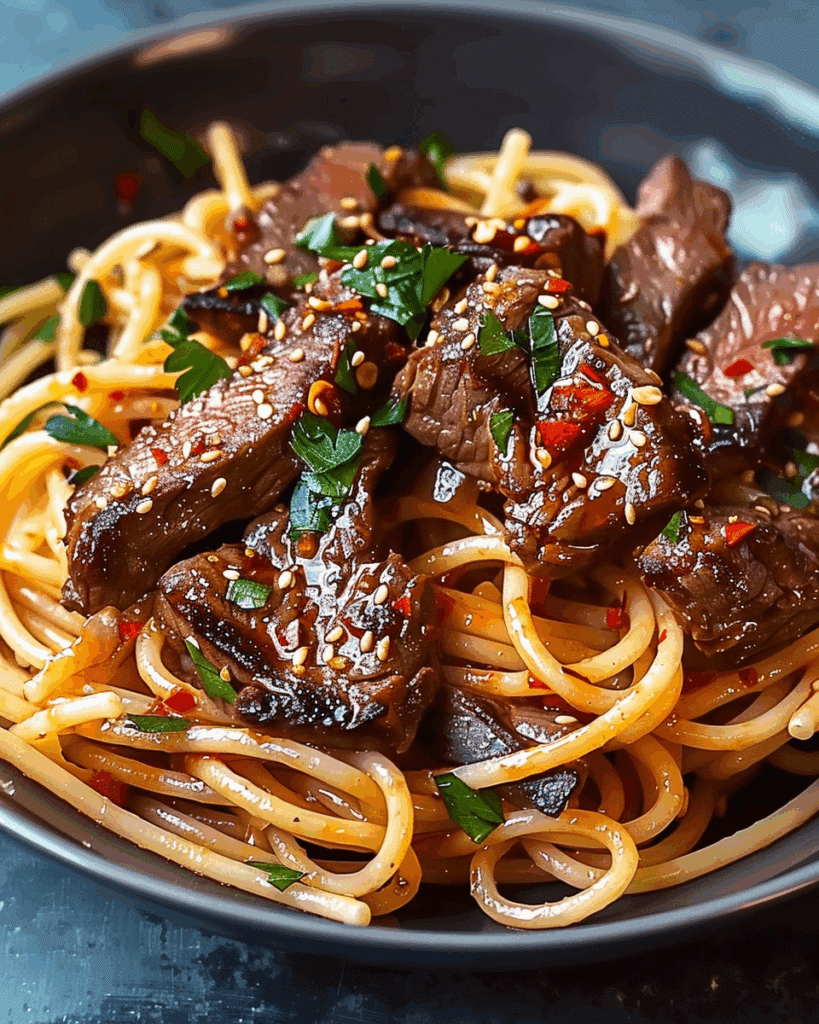 Sweet and Spicy Garlic Steak Pasta