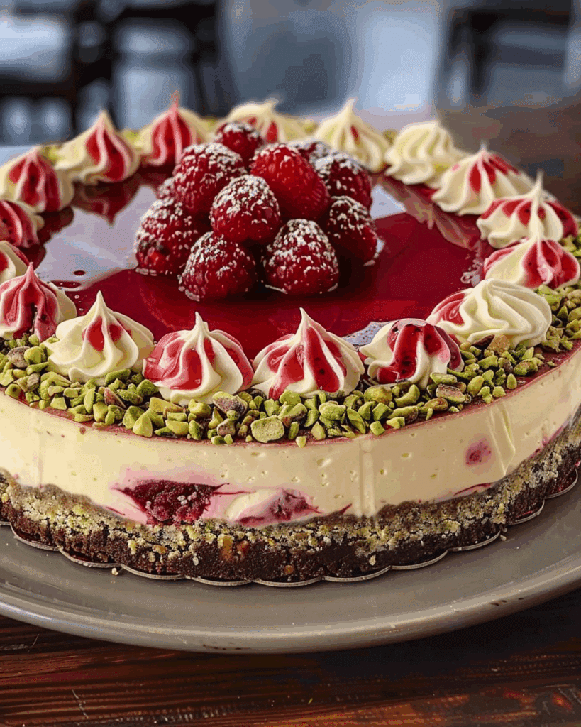 Elegant Pistachio Raspberry Crunch Cheesecake