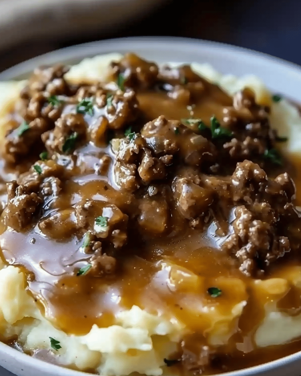 Ground Beef and Gravy Over Mashed Potatoes
