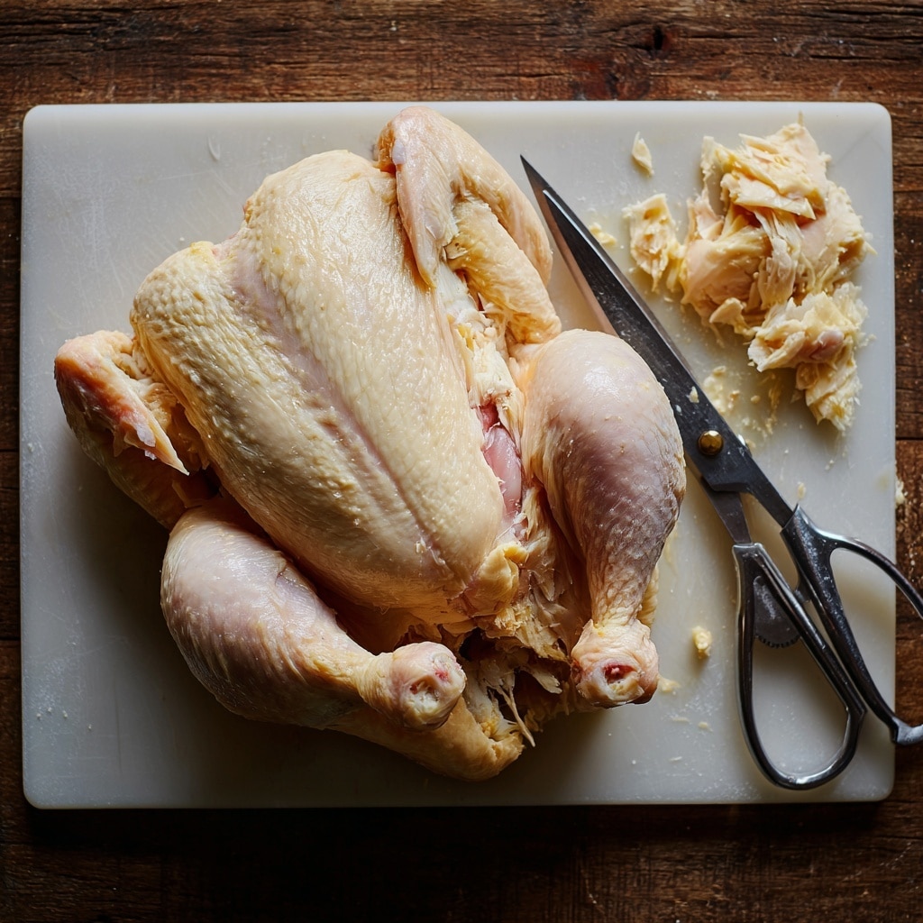 A white cutting board with a whole raw chicken split in half showing both sides with skin and light yellow tips on the legs placed at the center, a long raw chicken bone with some flesh left on it is on the left side, and a pair of black-handled scissors lies on the right side, all set on a white marbled textured surface photo taken with an iphone --ar 4:5 --v 7