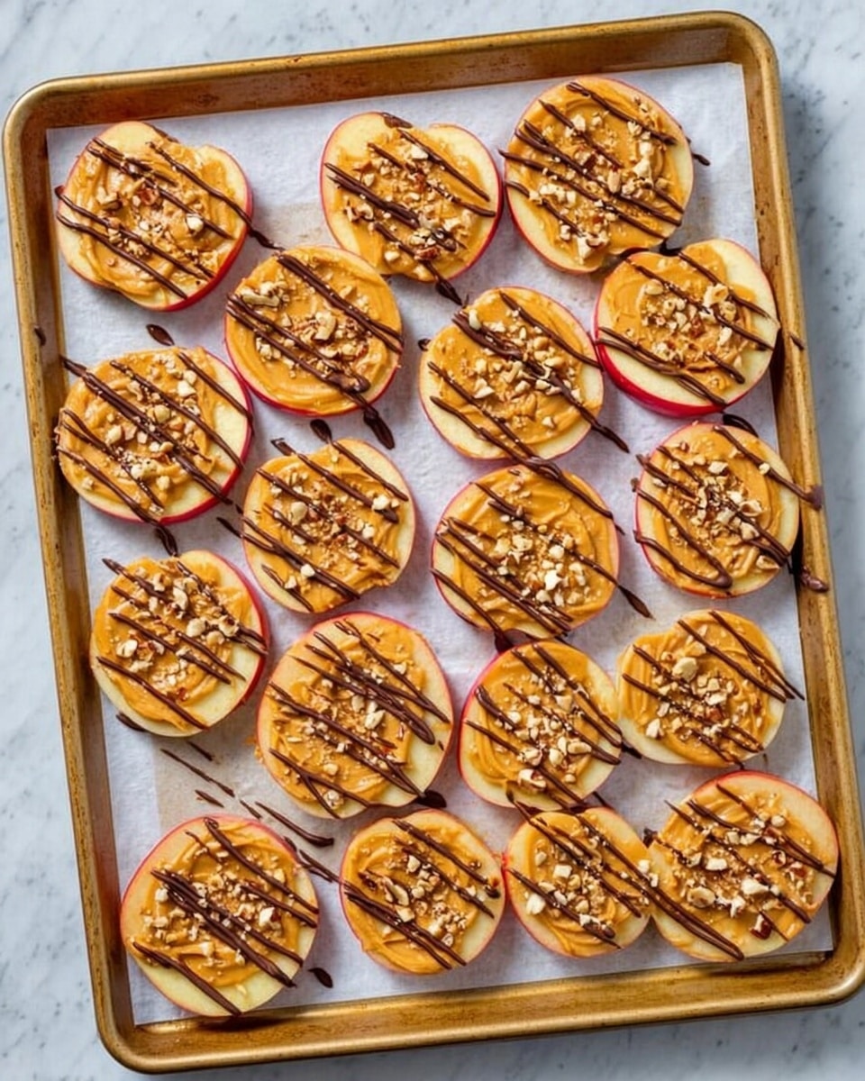 The image shows a tray filled with round apple slices arranged in rows, each topped with a layer of golden peanut butter spread smoothly across the surface. On top of this peanut butter layer, there is a light scattering of small, roughly chopped nuts adding texture and crunch. Each apple slice is then finished with thin, dark brown lines of chocolate drizzled in a zigzag pattern across them. The tray is lined with white parchment paper and rests on a white marbled surface. photo taken with an iphone --ar 4:5 --v 7