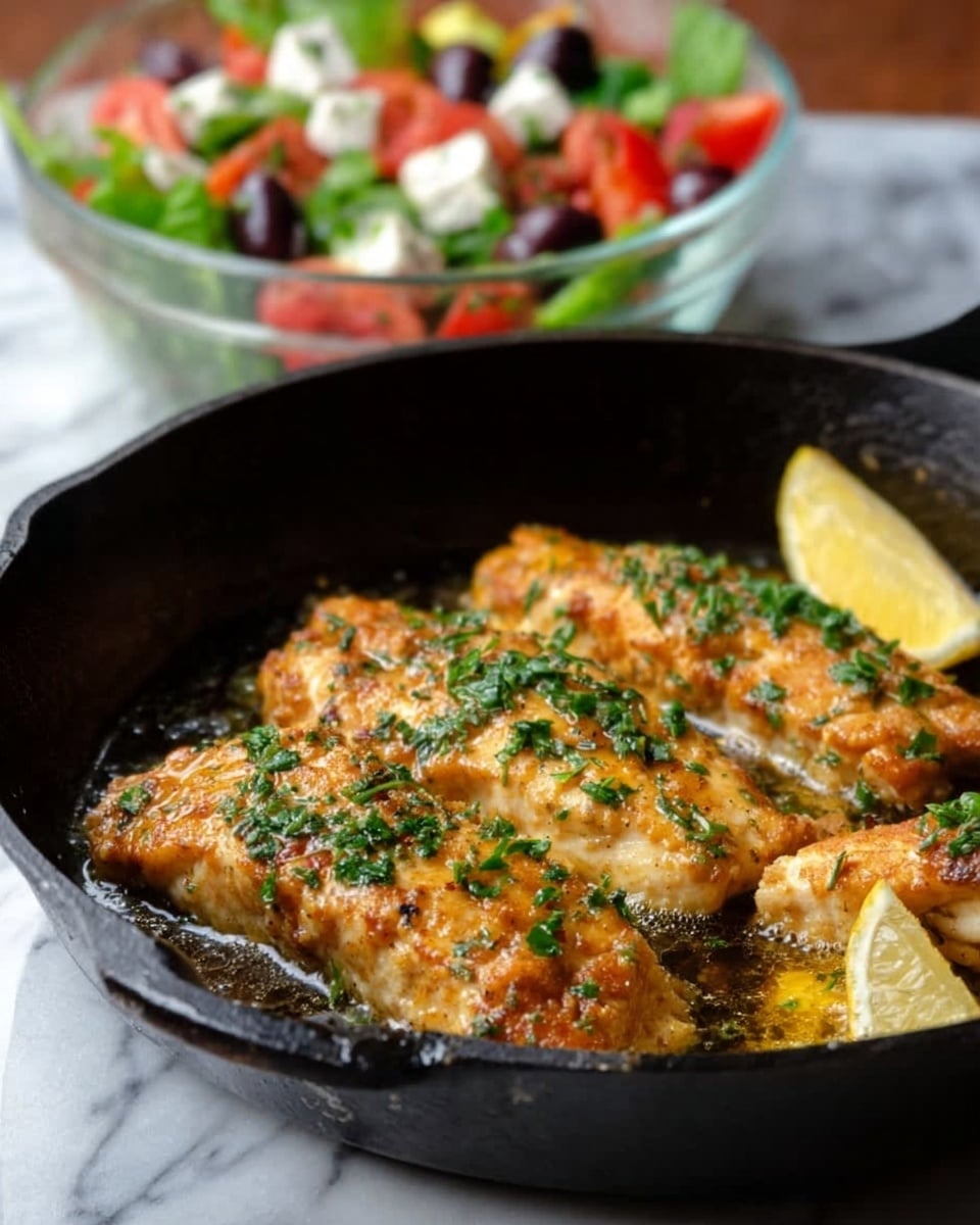 The image shows a black cast iron pan on a white marbled surface. Inside the pan, there are four pieces of golden-brown cooked fish fillets with a slightly crispy texture. The fish is topped with finely chopped green herbs scattered evenly across the pieces. To the top right of the fish fillets, a half lemon sits in the pan. In the blurry background, there is a clear glass bowl filled with fresh salad including chunks of red tomato, green bell pepper slices, dark olives, and white cheese cubes. The light shines softly, highlighting the juicy and fresh look of the food. Photo taken with an iphone --ar 4:5 --v 7