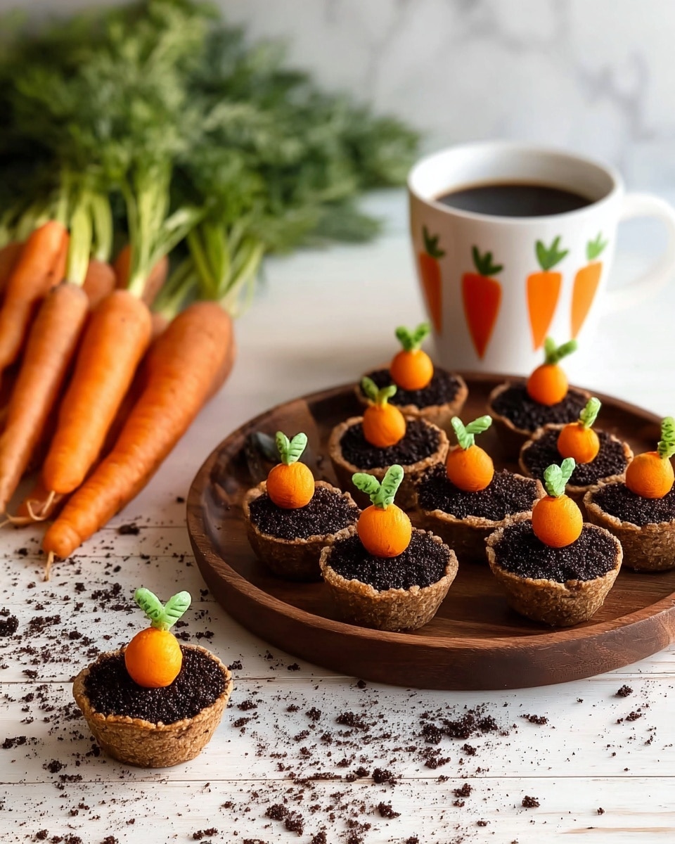 A round dark wooden tray holds nine small dessert cups arranged in a loose cluster. Each cup has a light brown crumbly base filled with dark brown crumbly topping that looks like soil. On top of each cup, there is a small, bright orange ball shaped like a carrot with a tiny green leaf, giving the appearance of a carrot growing from the soil. One dessert cup is placed separately in front of the tray on a white wooden surface covered with some scattered crumbs to resemble dirt. To the left, a bunch of fresh orange carrots with green tops lay casually. In the background on the right side, there is a white ceramic mug with orange carrot designs filled with dark coffee sitting on a white marbled surface. The photo is taken with an iphone --ar 4:5 --v 7
