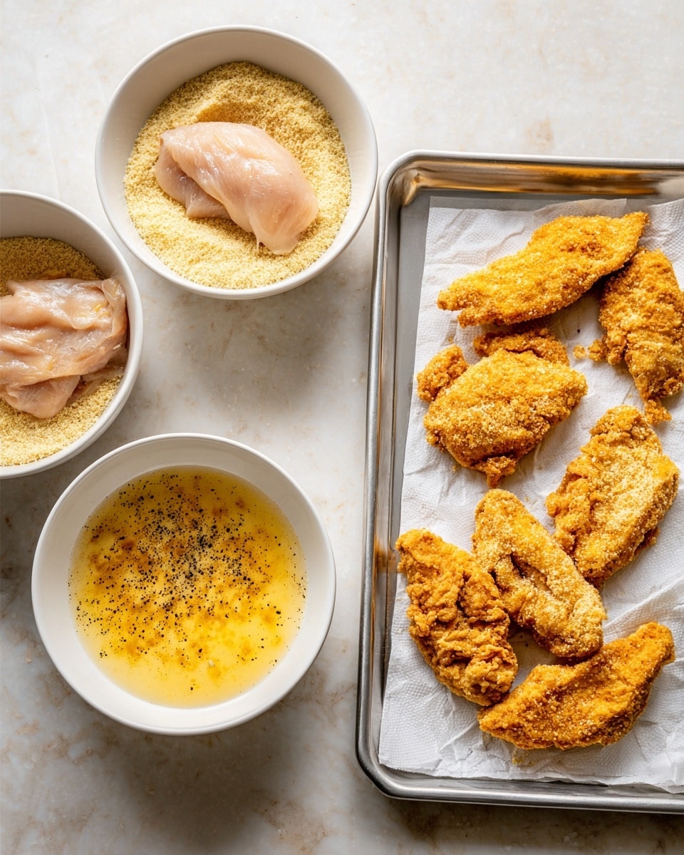 The image shows two parts: on the left, raw chicken pieces being prepared in three white bowls and a tray on a white marbled surface; the top bowl contains a chicken piece resting on pale yellow breadcrumbs, below it is a bowl with a chicken piece soaking in a yellowish egg mixture with black pepper specks, and beside it is a metal tray holding two chicken pieces coated in light crumbs; on the right, a metal tray lined with paper towels holds seven cooked, golden brown, crispy fried chicken pieces with a crunchy texture. photo taken with an iphone --ar 4:5 --v 7
