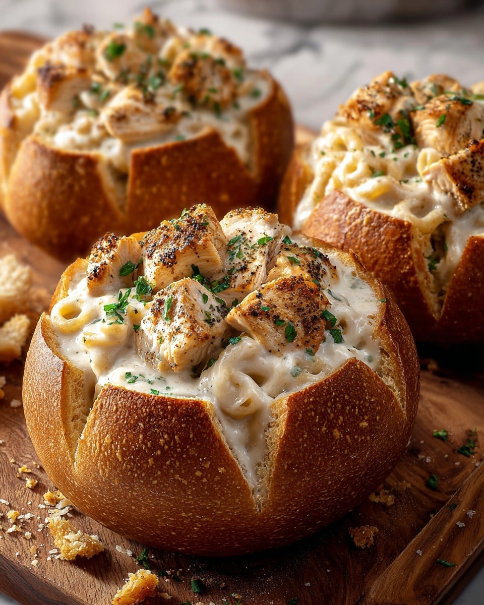Three round bread bowls with a golden brown crust sit on a wooden board. Each bread bowl is filled with creamy white pasta noodles coated in sauce, topped with thick, browned grilled chicken pieces sprinkled with green herbs and grated cheese. The inside of the bread bowls shows a soft crumb, contrasting with their crispy outer crust. In the background, a white marbled surface is faintly visible with a small white bowl of sauce. Photo taken with an iphone --ar 4:5 --v 7