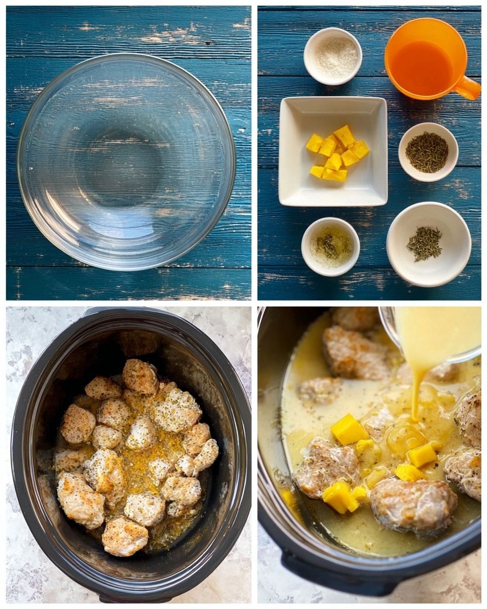 The image shows three side-by-side photos of a cooking process. The first photo displays ingredients arranged on a blue wooden surface: a clear empty bowl in the center, a small white square dish with butter chunks, a white round dish with grated yellow zest, two small white dishes with herbs and a liquid, and an orange cup with another liquid. The second photo shows a slow cooker with several cooked light brown meat pieces inside, while a woman's hand pours a creamy yellow sauce with herbs over the meat. The third photo shows the same slow cooker, with the meat covered partially in sauce and topped with small yellow cubes of butter, all sitting on a white marbled surface. Photo taken with an iphone --ar 4:5 --v 7