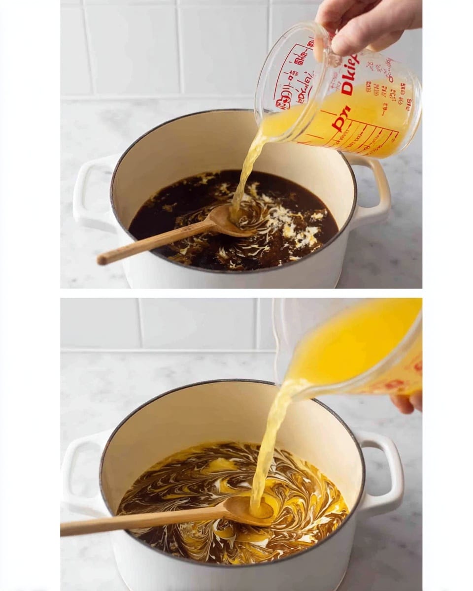 Two images show a white pot on a white marbled surface. In the first image, a woman's hand is stirring a dark brown liquid with some cream-colored swirls using a wooden chopstick, while a yellow liquid is being poured in from a clear measuring cup marked 