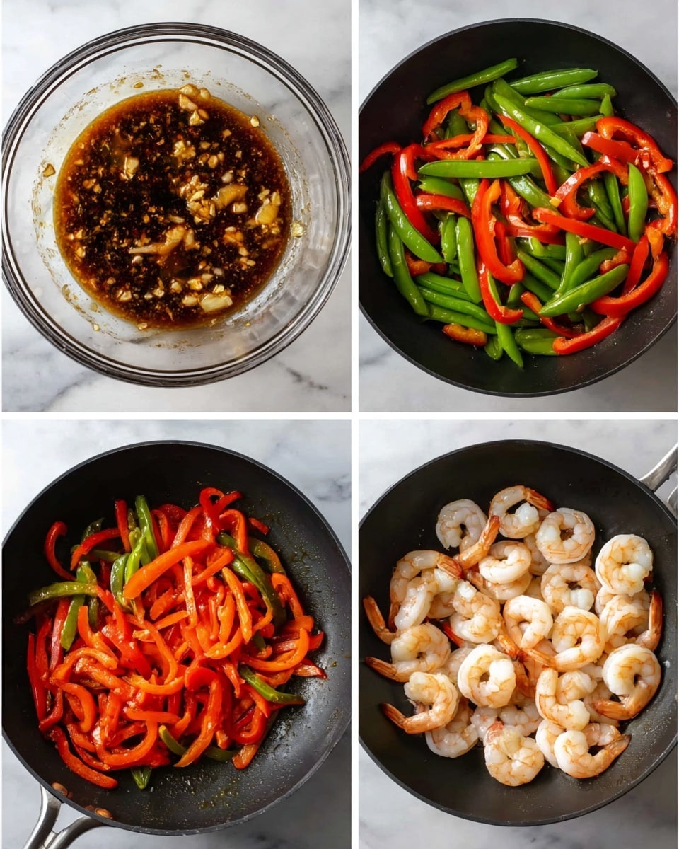The image set shows four stages of making shrimp stir-fry. The first image is a clear glass bowl with a dark brown sauce mixed with bits of garlic and other spices. The second image shows a black pan with green snap peas at the bottom and bright red sliced bell peppers layered on top. The third image shows the same black pan filled with raw, white shrimp spread evenly. The fourth image shows the cooked shrimp, now pink and curled, mixed with the red bell peppers and green snap peas, all coated in a shiny sauce, in the black pan. The background in all images is a white marbled texture. photo taken with an iphone --ar 4:5 --v 7
