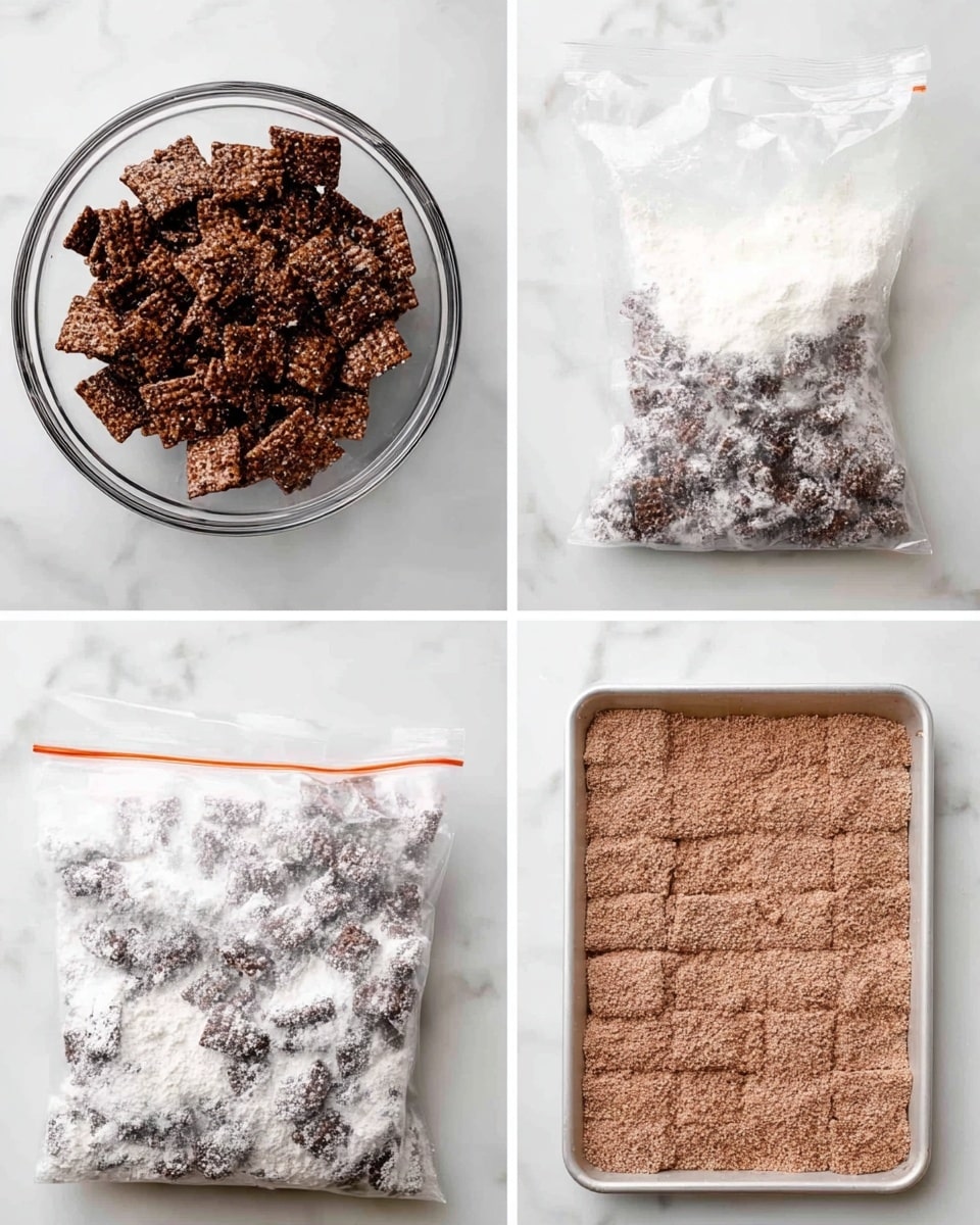 The image shows four steps of making a snack with cereal squares. The first layer is a clear bowl filled with dark brown squares coated in a sticky, rough chocolate mix, placed on a white marbled surface. The second layer shows a clear plastic bag opened and filled halfway with the dark squares, topped with a thick amount of white powder. The third layer captures the plastic bag zipped shut, with the squares fully covered in white powder, creating a rough, powdery texture. The last layer is a white baking tray filled with evenly spread squares coated in a light brown powder, all set on the same white marbled surface photo taken with an iphone --ar 4:5 --v 7