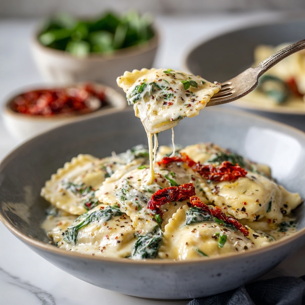 A close-up image of a gray bowl filled with creamy ravioli pasta covered in a white sauce with specks of black pepper, bits of red sun-dried tomatoes, and green spinach leaves mixed in. A fork is lifting one ravioli piece, showing its soft, slightly textured surface and the creamy sauce dripping gently. In the background, two blurred small bowls hold green spinach leaves and red sun-dried tomatoes. The scene is set on a white marbled surface with soft natural lighting. photo taken with an iphone --ar 4:5 --v 7
