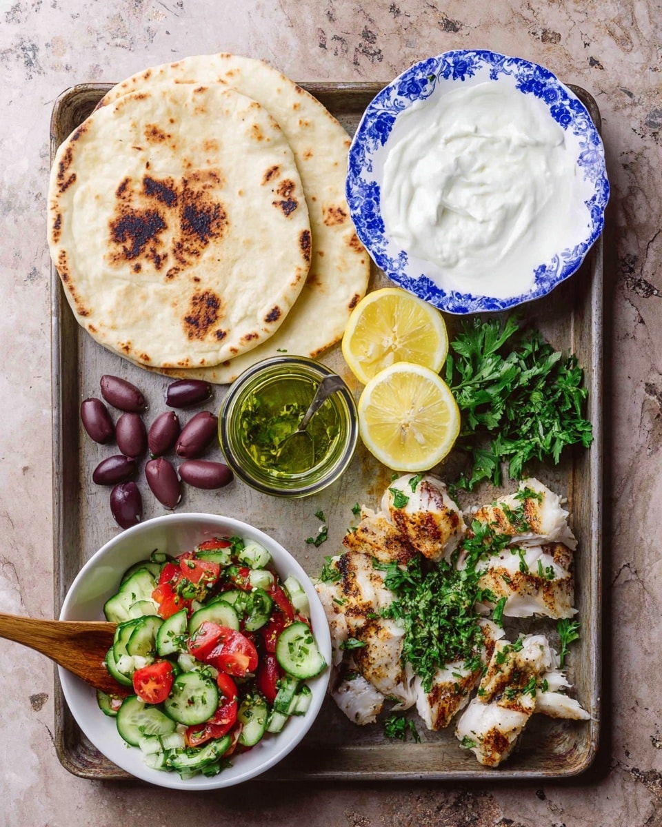 The image shows a metal tray with several food items arranged neatly on a white marbled surface. On the left side, there are two round pieces of flatbread, light beige with some toasted brown spots. Below them, there are dark purple olives mixed with one green olive, placed next to three lemon wedges. A small glass jar filled with green herb oil sits in the center. To the right of the jar, there is grilled white fish cut into pieces with a golden-brown sear, garnished with fresh green parsley. In the bottom left corner, there is a white bowl filled with a salad consisting of chopped cucumber, tomato, and green herbs, with a wooden spoon resting inside. At the top right side, a white plate holds a white creamy sauce with a smooth texture, decorated with a blue floral pattern on the rim. The colors are vibrant, and the layout is clean and inviting, with a focus on fresh ingredients. photo taken with an iphone --ar 4:5 --v 7