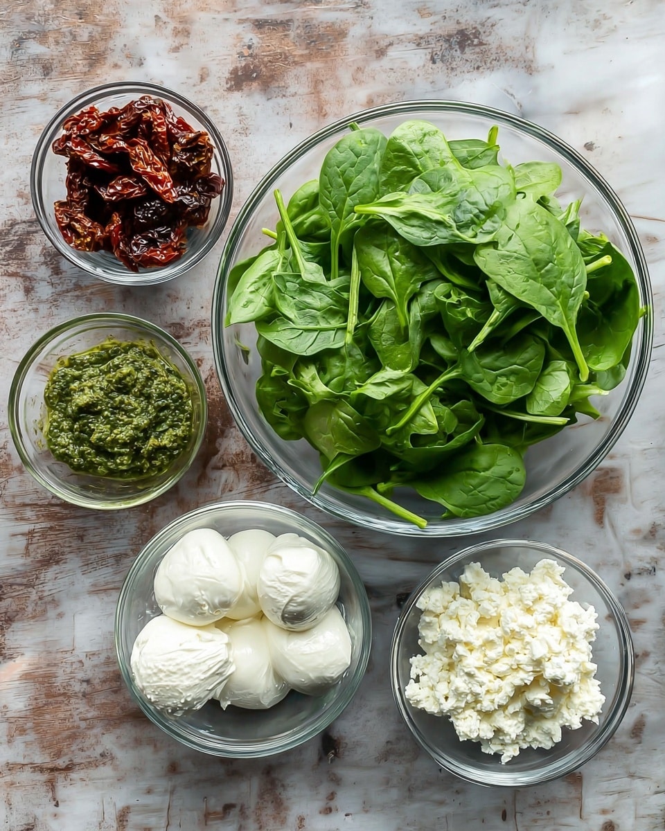 The image shows five clear glass bowls on a white marbled texture. The largest bowl in the center holds fresh green spinach leaves with a smooth, slightly glossy texture. To the top left is a smaller bowl filled with dark red-brown sun-dried tomatoes that look wrinkled and oily. Below it, there is a bowl of soft, white mozzarella cheese with a smooth and moist surface. To the top right is a bowl with a green herb pesto sauce that looks coarse and oily. A final bowl at the bottom right contains crumbled white ricotta cheese with a rough, creamy texture. Photo taken with an iphone --ar 4:5 --v 7