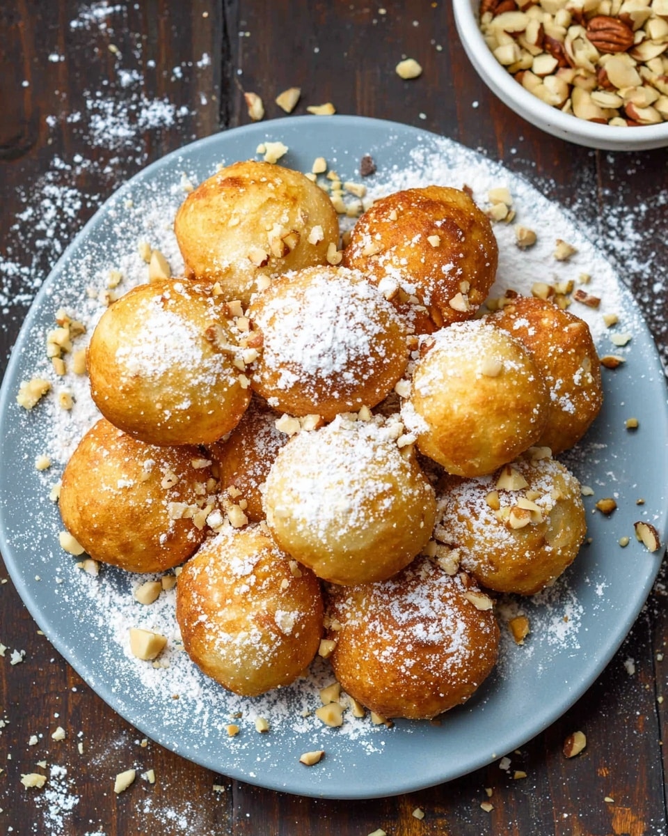 A white plate holds about a dozen golden brown round dough balls, each with a slightly shiny and crispy surface. The dough balls are sprinkled with white powdered sugar and scattered with small pieces of chopped nuts. The plate sits on a dark wooden table, with some powdered sugar and nuts spilled around the plate. Part of a white bowl filled with more chopped nuts is visible in the top right corner. The scene is bright and clear, showing the texture of the dough balls and the table. photo taken with an iphone --ar 4:5 --v 7