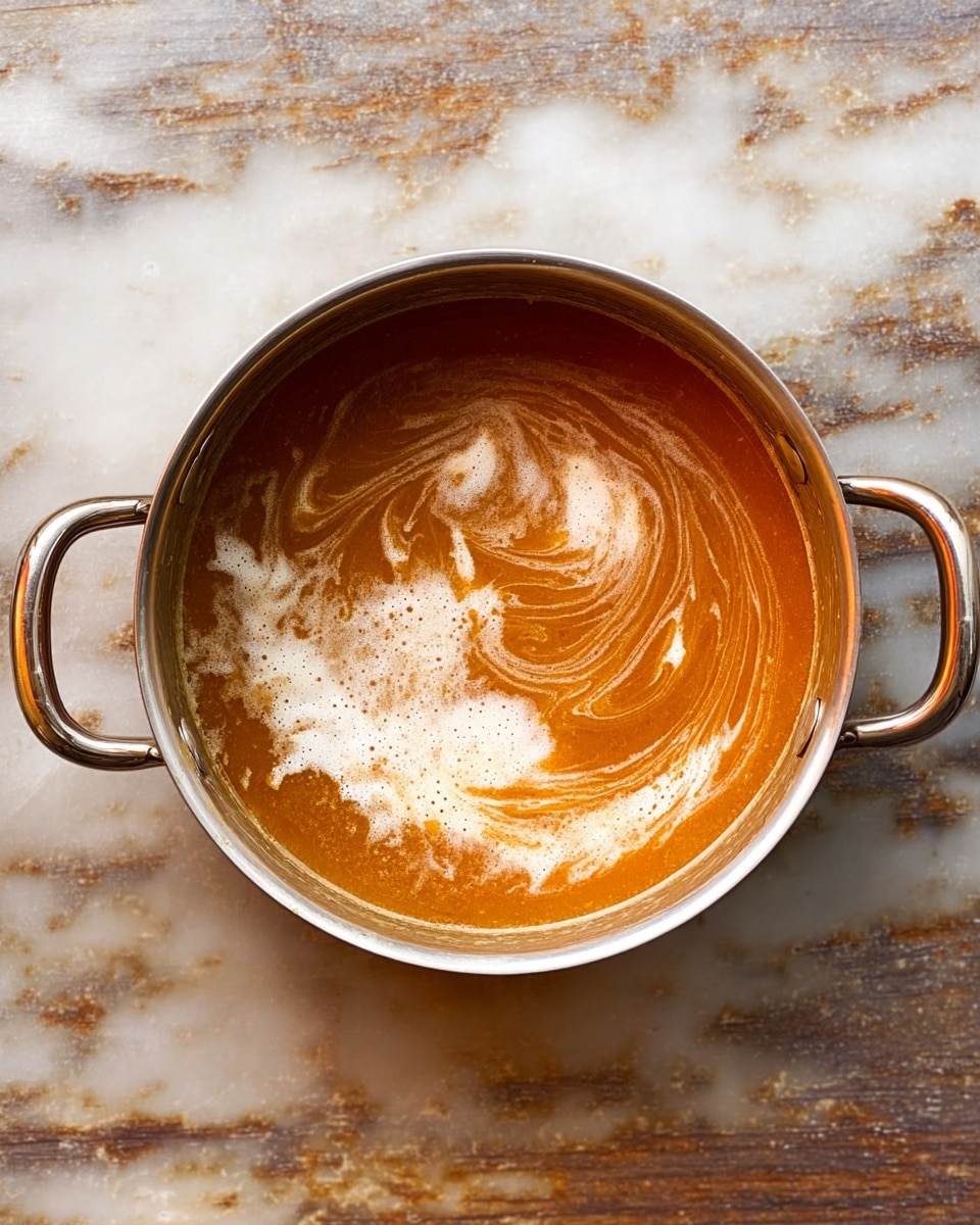 A shiny silver pot with two handles is filled with a warm orange-brown liquid with swirling white cream on the top, creating a smooth, mixed texture. The pot sits on a white marbled surface that has a soft, clean look, highlighting the rich colors inside the pot. The liquid looks thick and appealing, with the cream adding a creamy contrast to the orange base. Photo taken with an iphone --ar 4:5 --v 7