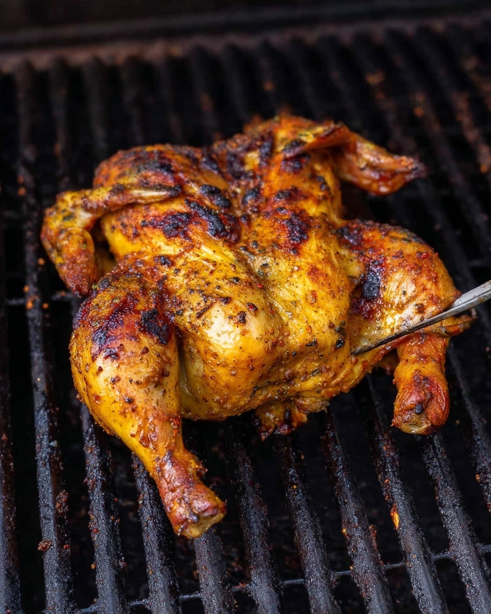 A whole grilled chicken is shown on a dark grill with its skin browned and charred in places, showing a mix of golden yellow and deep brown colors with hints of spices and seasoning scattered throughout. The chicken is split open and spread flat with the wings and legs extended outward, creating layers of roasted skin and cooked meat, while a metal temperature probe is inserted into the thickest part of the chicken. The grill bars underneath are black with some residue from previous grilling. The photo taken with an iphone --ar 4:5 --v 7
