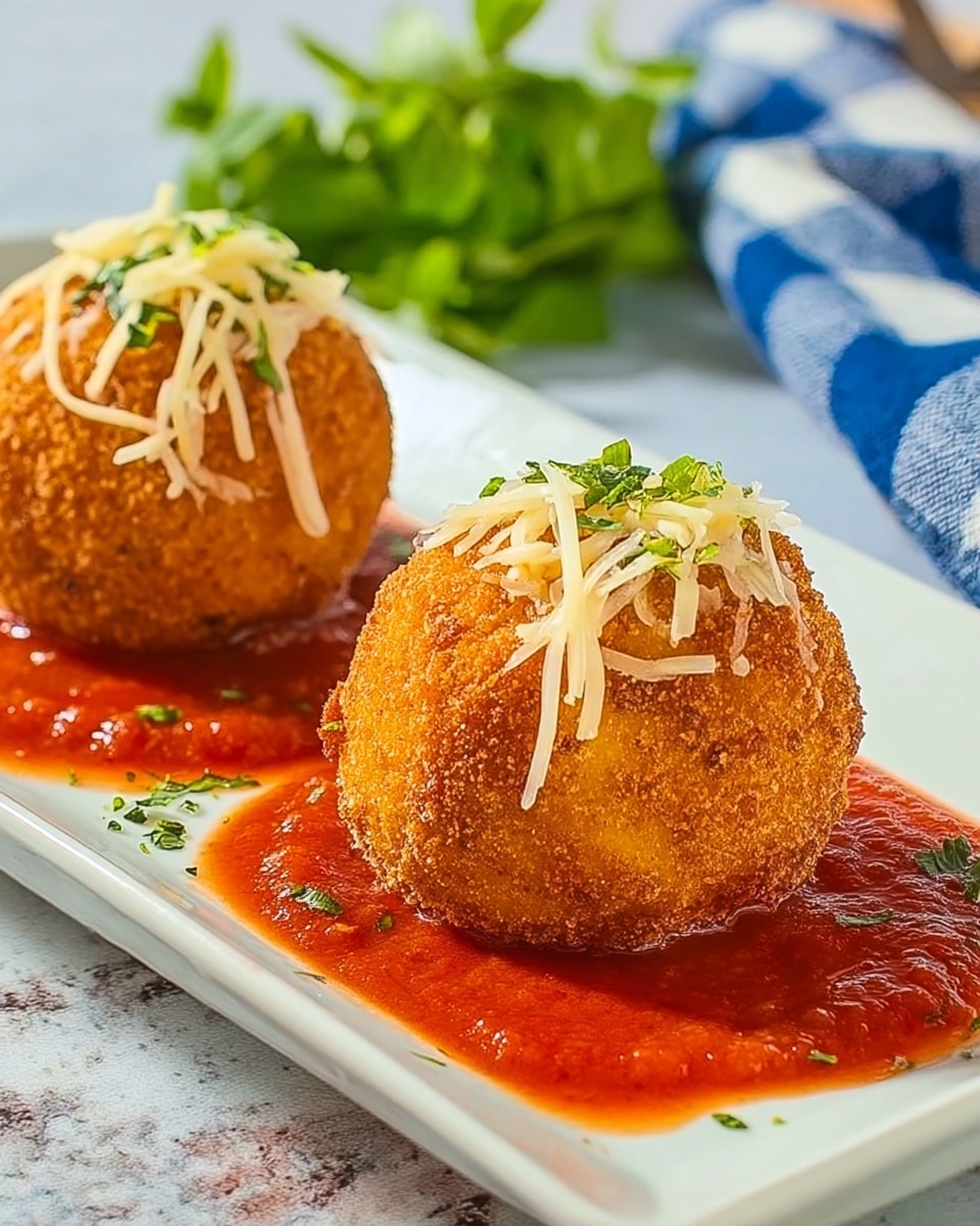 The image shows two round fried balls with a crunchy golden brown outer layer placed on a long white rectangular plate. Each ball is topped with thin strands of pale yellow cheese and small green herb bits. The balls rest on a vibrant red tomato sauce spread evenly underneath them on the plate. In the background, there is a blue and white checkered cloth and some green leafy herbs slightly blurred. The surface under the plate is changed to a white marbled texture photo taken with an iphone --ar 4:5 --v 7