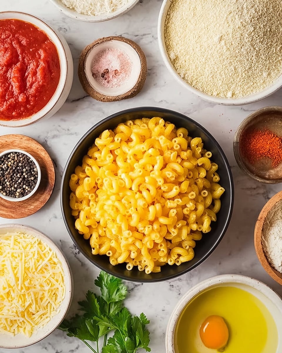A black bowl filled with bright yellow cooked elbow macaroni is placed slightly left on a white marbled surface. Around it, several white round bowls hold different ingredients: the top right bowl has red tomato sauce, below it a small white bowl with black and white peppercorns on a wooden coaster, next to a small bowl of pink salt. Above the macaroni is a bowl full of light beige bread crumbs to the top center, and below that, a bowl filled with white flour. Small bowls containing light yellow oil, finely shredded cheese, red spices, and a bowl with a yellow beaten egg mix are spread out near the bottom. Some green parsley leaves add a fresh touch near the egg bowl. The photo taken with an iphone --ar 4:5 --v 7