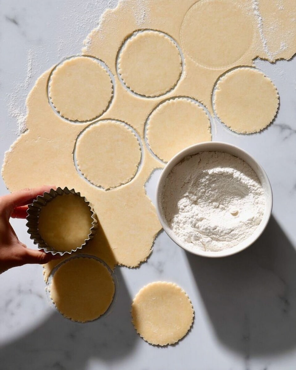 A white marbled surface covered with a thin layer of light yellow dough rolled out flat. Several round dough pieces are cut out, showing smooth edges and thin texture. A woman's hand is holding a scalloped round cookie cutter pressed into the dough. To the right, a white bowl filled with white flour sits on the surface. Two round dough pieces are placed near the bowl. Soft shadows create depth and highlight the texture of the dough and flour. photo taken with an iphone --ar 4:5 --v 7