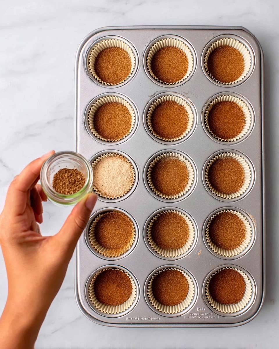 The image shows a silver muffin tray with twelve cupcake liners filled with a thin layer of crushed orange-brown crumbs at the bottom of each liner. The tray is placed on a white marbled surface. A woman's hand is holding a small spice jar, sprinkling a brown spice over the crumbs in one of the liners in the left part of the image, while the right side shows the same tray with evenly spread spice over all the crumbs in each liner. photo taken with an iphone --ar 4:5 --v 7