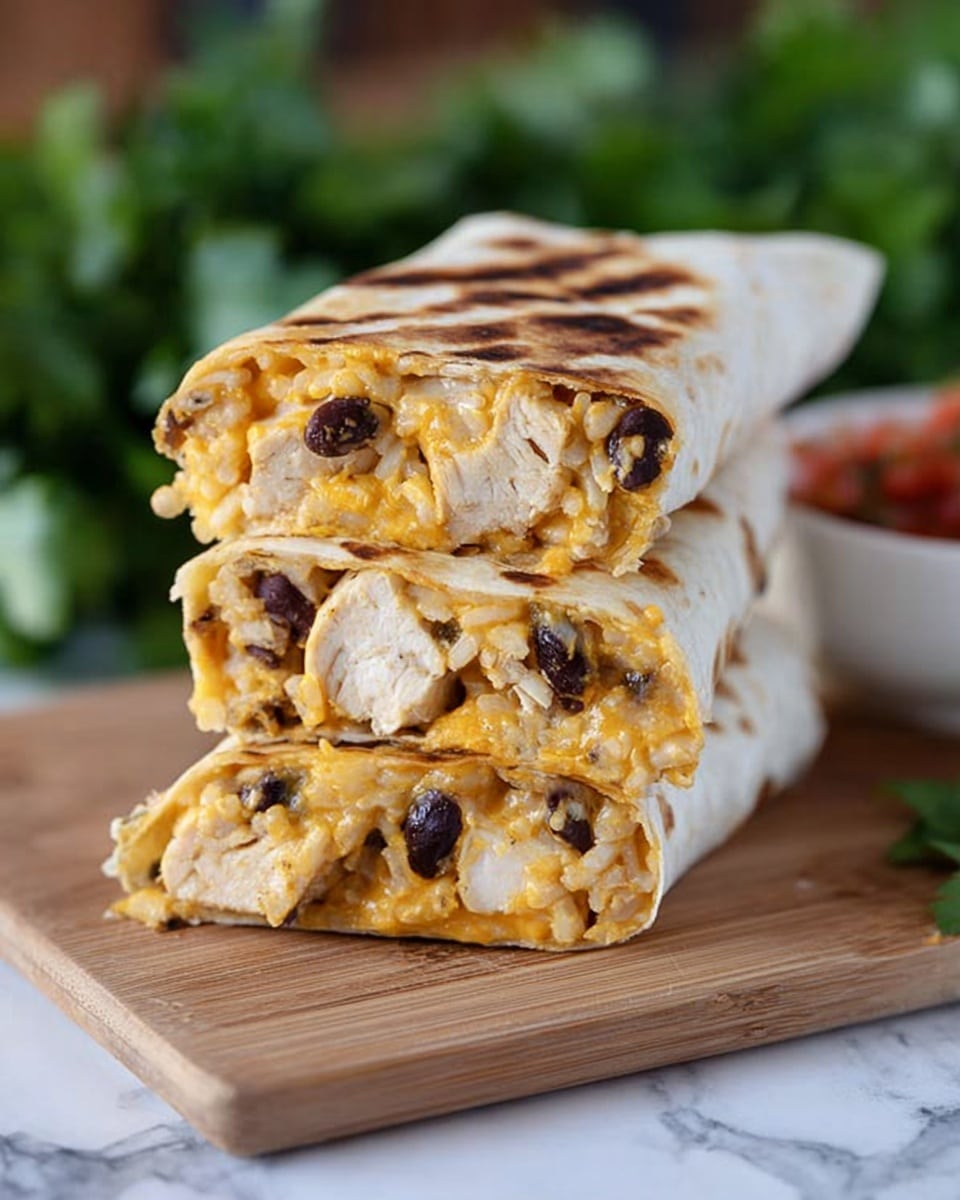 This image shows three stacked burrito halves on a wooden board. Each burrito has a soft wheat tortilla with light brown grill marks on the outside. Inside, there are chunks of white chicken meat, melted yellow cheese, black beans, and some rice visible. The filling looks warm and creamy, packed neatly in each half. The background is blurred with green leaves and a small white bowl with salsa visible, all set on a white marbled surface. photo taken with an iphone --ar 4:5 --v 7