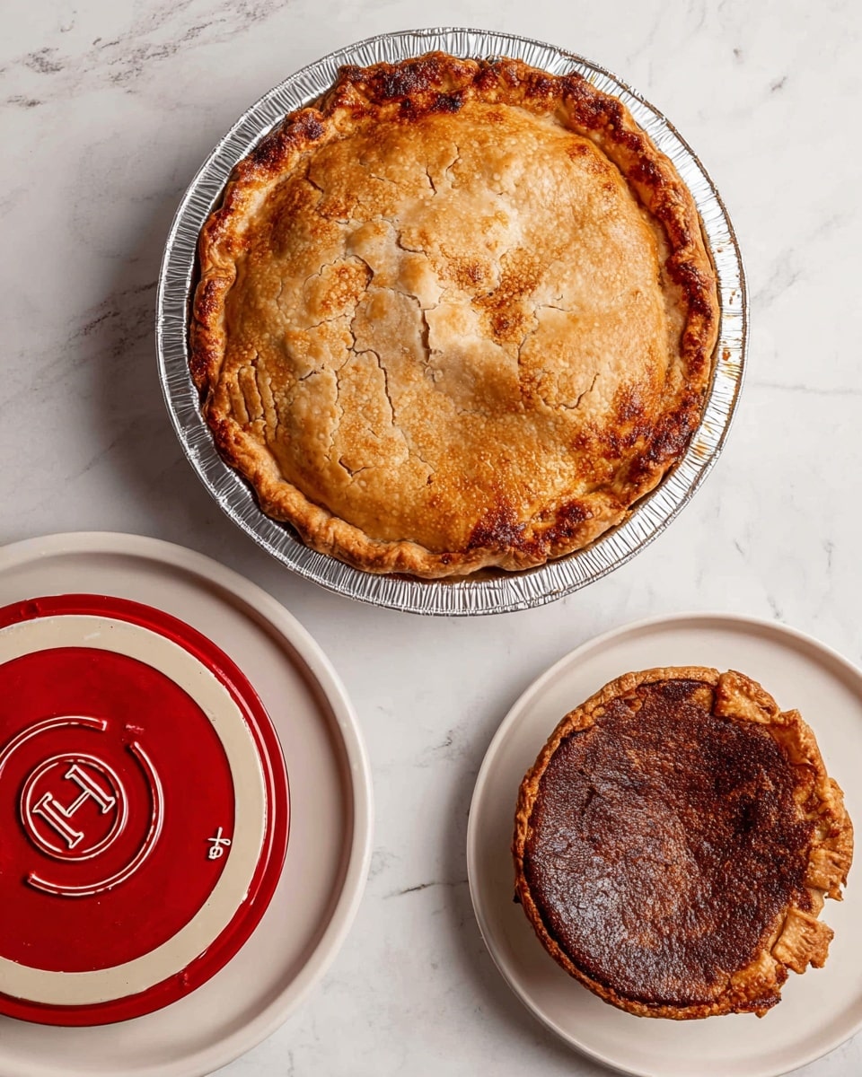 Two images side by side show the process of making an apple pie in a round pie pan lined with foil. On the left, there is one layer of pie crust forming the base, filled with golden-brown cooked apple slices covered with a glossy orange sauce. On the right, a second layer of plain dough is being placed partially over the apples by a woman's hand, covering part of the filling but not the entire surface. The setting is on a white marbled surface. Photo taken with an iphone --ar 4:5 --v 7