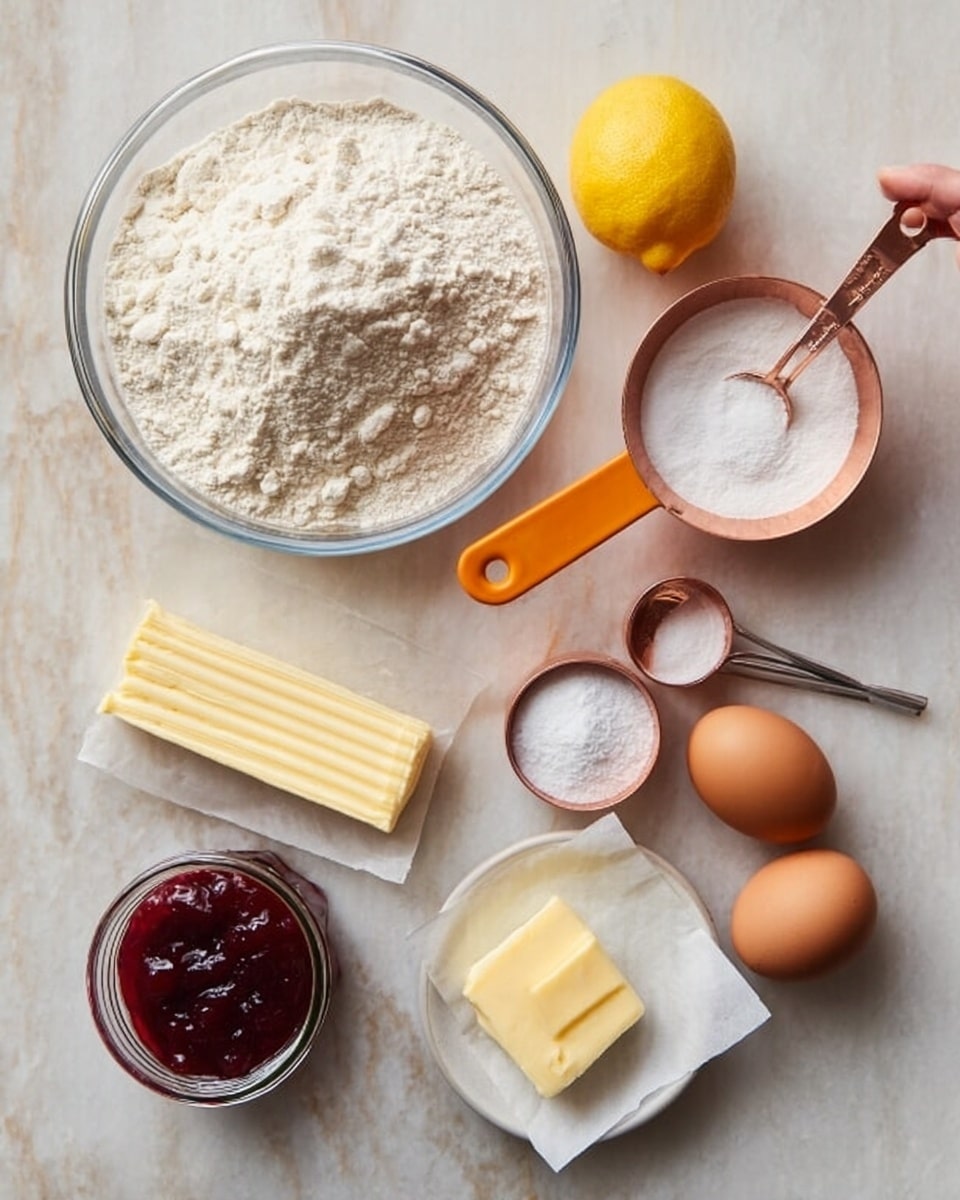 The image shows baking ingredients neatly arranged on a white marbled surface. There is a large clear glass bowl filled with white flour on the left side. To the right of the bowl, there is an orange measuring cup holding a small spoon with baking powder. Nearby, a copper measuring cup is filled with white powdered sugar. Next to it, a bright yellow lemon sits on the surface. A white parchment paper holds a stick of pale yellow butter, and beside it, a small white plate contains a smaller piece of butter. Two brown eggs and a small clear glass jar filled with deep red jam are placed close together at the bottom center. The scene is viewed from above, and a woman's hand is about to reach for the items. Photo taken with an iphone --ar 4:5 --v 7