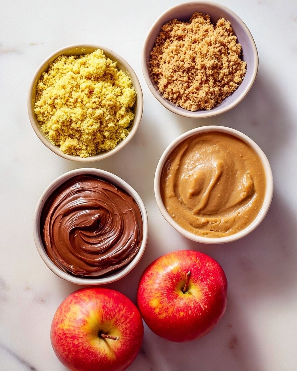 The image shows a top view of four white bowls and two red apples on a white marbled surface. The top left bowl contains a yellow-green crumbly texture that looks like crushed nuts or seeds, the bottom left bowl has a light brown crumbly texture resembling crushed nuts, the center bowl holds a smooth, shiny chocolate spread with visible swirl patterns, and the top right is filled with a creamy beige spread with a slightly bubbly and textured surface. To the right of the bowls are two fresh red apples with red and yellow shades and smooth skins. The setup is bright and well lit with soft shadows. Photo taken with an iphone --ar 4:5 --v 7