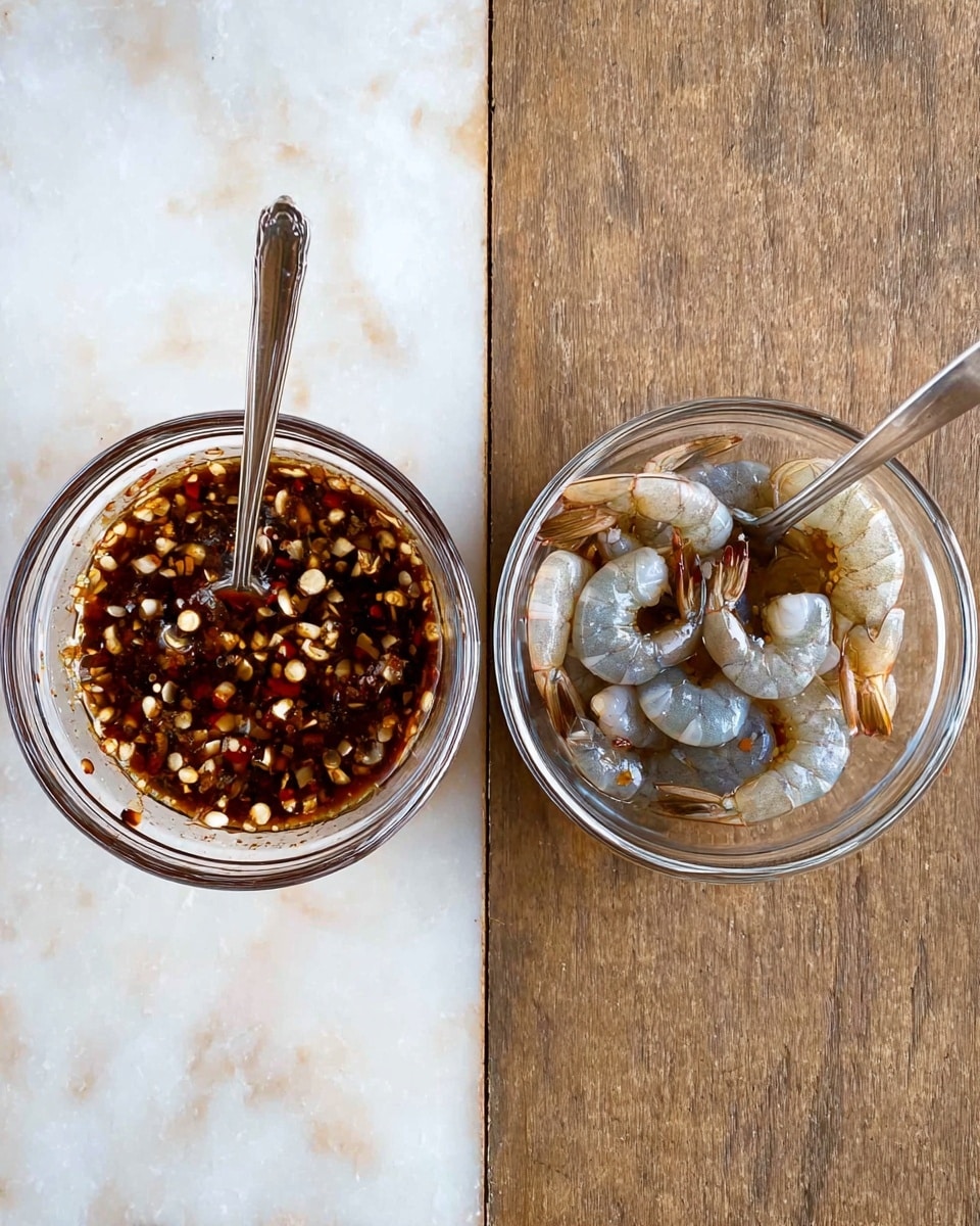 Two clear glass bowls sit side by side on a white marbled surface. The left bowl contains a dark brown sauce mixed with small white and reddish bits, creating a rough texture across the top, with a silver spoon resting inside. The right bowl holds raw shrimp in a light brown marinade, showing the shrimp's translucent, pale grey shells with bluish undertones, and a silver fork is placed inside the bowl. Both bowls have visible reflections on their sides, and the light creates soft shadows beneath them. photo taken with an iphone --ar 4:5 --v 7