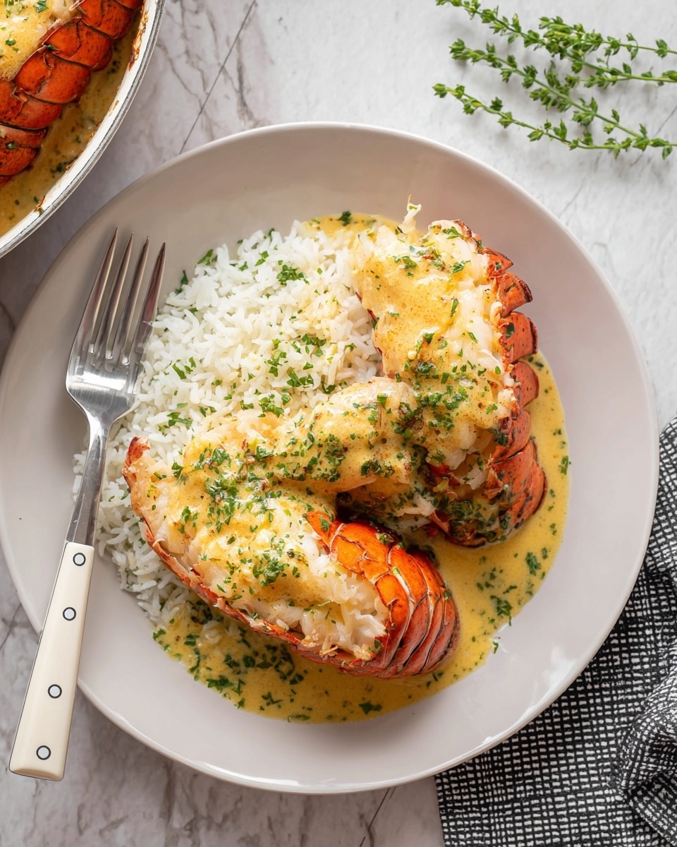 A white plate sits on a white marbled surface, holding two bright orange lobster tails topped with a creamy, yellow-green herb sauce that lightly coats the shells and pools onto the plate. Underneath and between the lobster tails is a bed of white rice with a soft, slightly shiny texture, also drizzled with the same sauce. The dish is sprinkled with finely chopped green herbs, adding small flecks of color. To the left of the plate is a fork with a white handle and three small silver dots. Small green leaves and a napkin with a black grid pattern lie nearby on the surface. Photo taken with an iphone --ar 4:5 --v 7