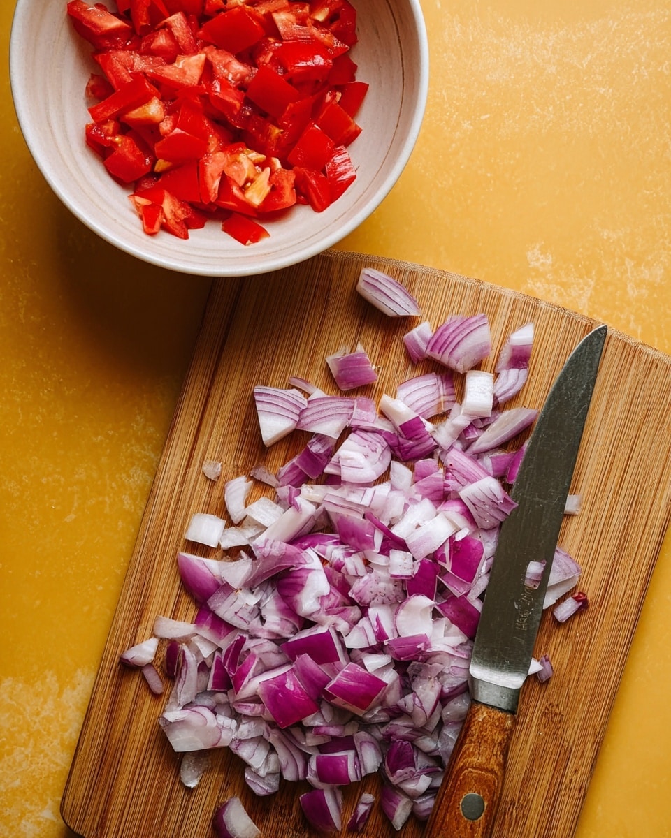 A wooden cutting board holding chopped pieces of purple and white onion spread across its center, with a silver knife with a wooden handle resting among the pieces on the right side of the board. Above this board, there is a white bowl filled with irregularly chopped bright red tomato pieces. The scene is set on a white marbled textured surface with a warm yellow background visible on the edges. photo taken with an iphone --ar 4:5 --v 7