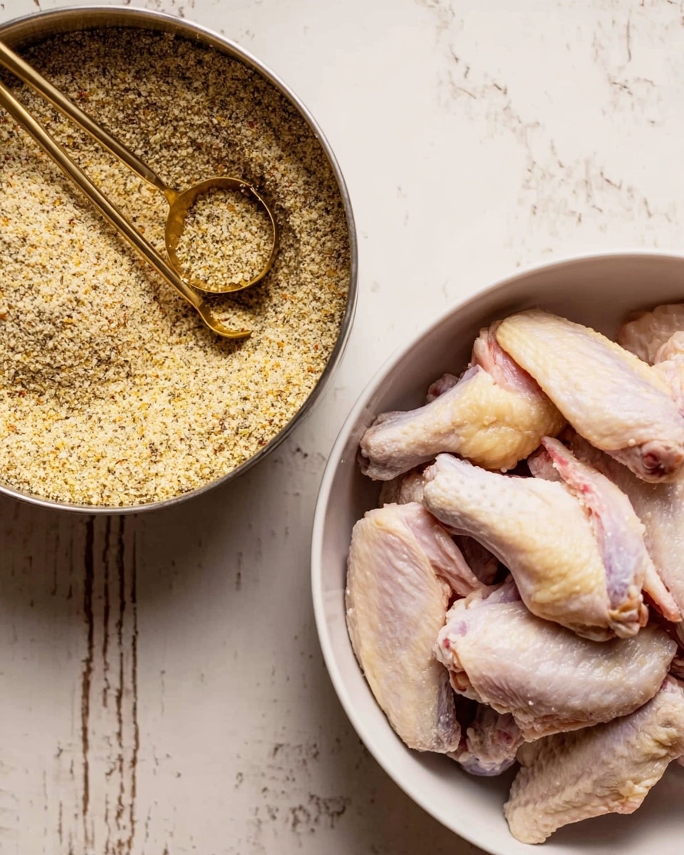 The image shows a white bowl on the right side filled with raw chicken wings, each pale pink with textures of skin and slight reddish tones near the joints. On the left side, there is a round metal pan with two gold measuring spoons resting inside, filled with a coarse, grainy breading mix that looks yellowish-beige with darker specks spread throughout. The background is a white marbled surface with subtle grey veins. The overall lighting is bright and natural, highlighting the textures of both the chicken and the breading. photo taken with an iphone --ar 4:5 --v 7