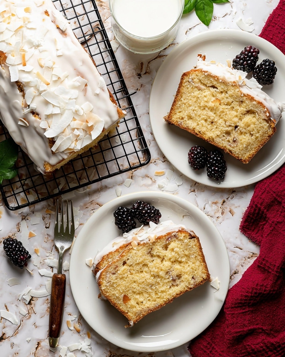 The image shows a loaf cake with a thick white icing layer on top, sprinkled with large white coconut flakes. Two slices are cut and placed on two separate white plates, each slice showing a moist, crumbly texture with visible bits of coconut inside. Each slice has two dark blackberries on the side. One plate has a silver fork with a wooden handle beside the slice. The whole cake sits on a wire cooling rack on a white marbled surface with scattered coconut flakes and a green leaf decoration nearby. A glass of milk is visible at the top. A red cloth is placed near the cake at the bottom right corner. Photo taken with an iphone --ar 4:5 --v 7
