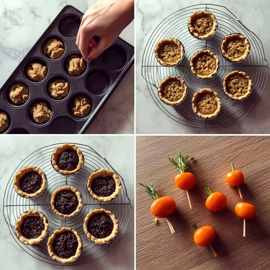 The image shows a collage of four photos featuring small dessert tarts in different stages. The top left photo shows a woman's hand pressing down into cookie dough pieces in a black baking tray to form small tart shells on a white marbled surface. The top right photo shows the baked tart shells placed on a round white cooling rack on the white marbled surface, all empty and golden brown with a crumbly texture. The bottom left photo shows the tart shells now filled with a dark crumbly mixture inside on the white cooling rack. The bottom right photo shows five small orange carrots with green tops and a toothpick on the white marbled surface. The colors are mainly warm tones of brown, black, orange, and green. photo taken with an iphone --ar 4:5 --v 7