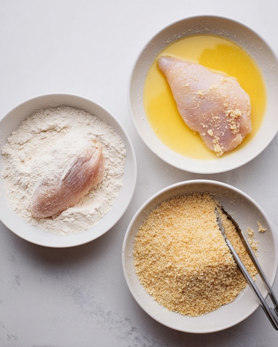 The image shows three white bowls arranged side by side on a white marbled surface. The left bowl contains white flour with a raw chicken piece resting on top. The middle bowl holds a yellow beaten egg mixture with the same chicken piece lightly coated in flour, partially dipped inside it. The right bowl has light tan breadcrumbs with a chicken piece coated in breadcrumbs, with a pair of metal tongs resting beside it. photo taken with an iphone --ar 4:5 --v 7