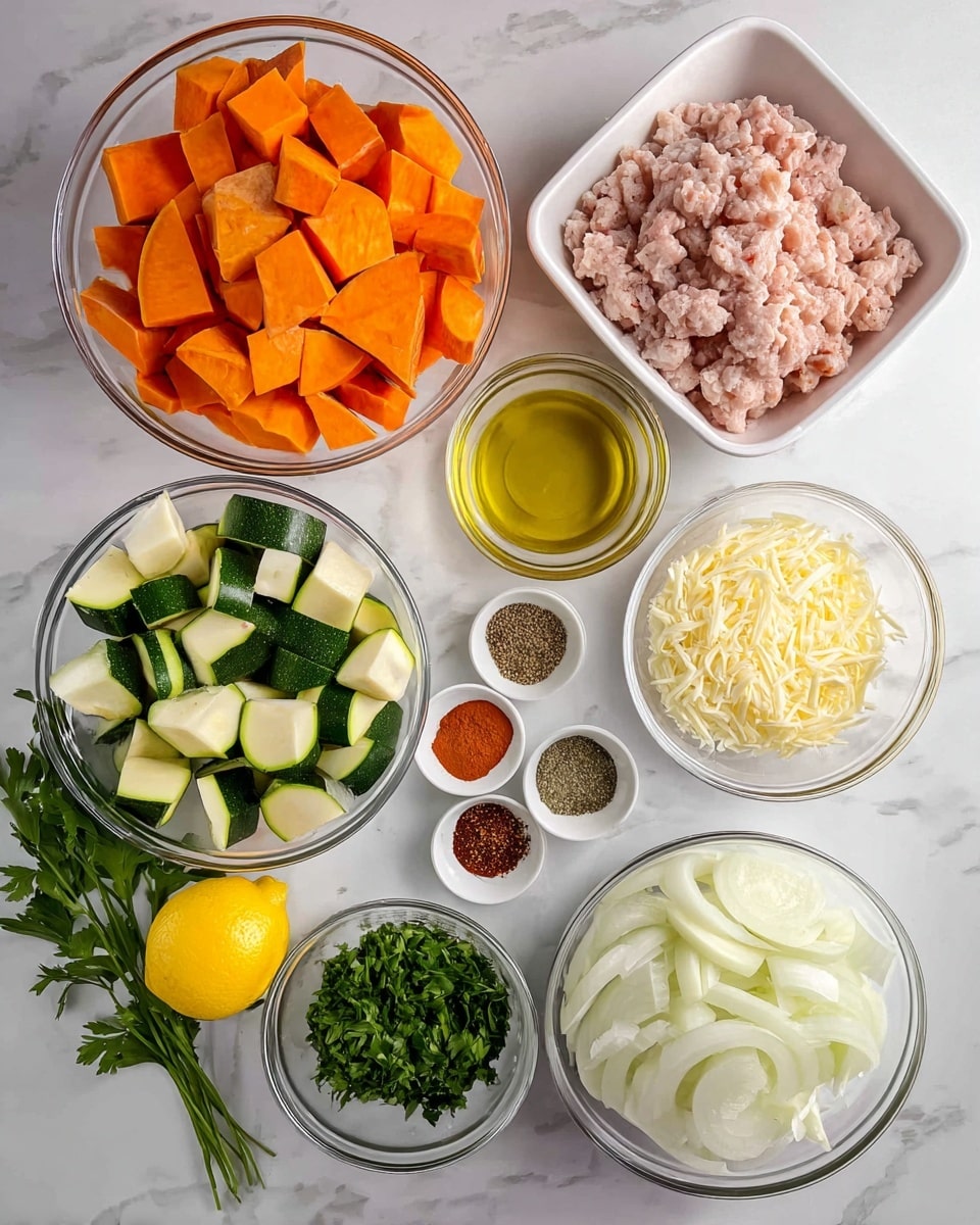 The image shows eight containers arranged on a white marbled surface with fresh ingredients. At the top left is a clear glass bowl full of bright orange chunks of sweet potato. Below it to the left is a white bowl filled with light green and dark green pieces of chopped zucchini. Next to the zucchini bowl, a small white bowl holds a variety of spices in neat piles, including brown, red, green, black, and white colors. Above the spices is a clear small bowl filled with golden olive oil. To the right of the oil, there is an open white plastic tray with pale pink ground turkey. Below the tray, a clear glass bowl contains pale yellow shredded cheese. At the bottom right, a larger clear glass bowl is filled with white chopped onions. At the bottom left corner, a small clear glass bowl holds green fresh parsley and two lemon wedges. The overall look is clean and fresh, with the colors of the ingredients standing out against the white marbled surface. photo taken with an iphone --ar 4:5 --v 7