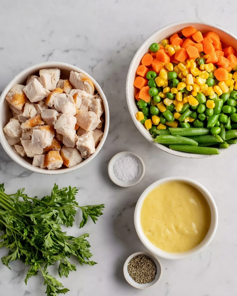 The image shows four white bowls on a white marbled surface. The first bowl is filled with small, cubed pieces of cooked chicken with some brown skin visible on some pieces. The second bowl holds a mix of frozen vegetables, including green beans, sliced carrots, corn kernels, and green peas, all vibrant in color. The third bowl contains a smooth, light yellow sauce or dressing. The fourth smallest bowl includes coarse salt and ground black pepper. Next to the bowls, there is a small bunch of fresh green parsley. Photo taken with an iphone --ar 4:5 --v 7