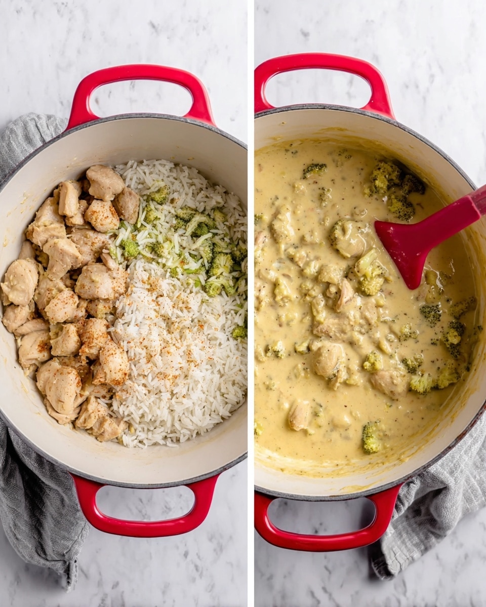 The left image shows a white pot with red handles on a white marbled surface with a gray cloth beside it. Inside the pot, there are three different layers: cooked chicken pieces that are light brown and seasoned, a layer of white rice with some green broccoli florets mixed in, and a thick light yellow sauce covering part of the rice. The right image shows the same pot with the ingredients mixed into a creamy, thick mixture where the white rice, light brown chicken, green broccoli, and yellow sauce are all blended together with a red spatula resting inside the pot. The surface is white marbled, and a gray cloth is visible beside the pot. photo taken with an iphone --ar 4:5 --v 7