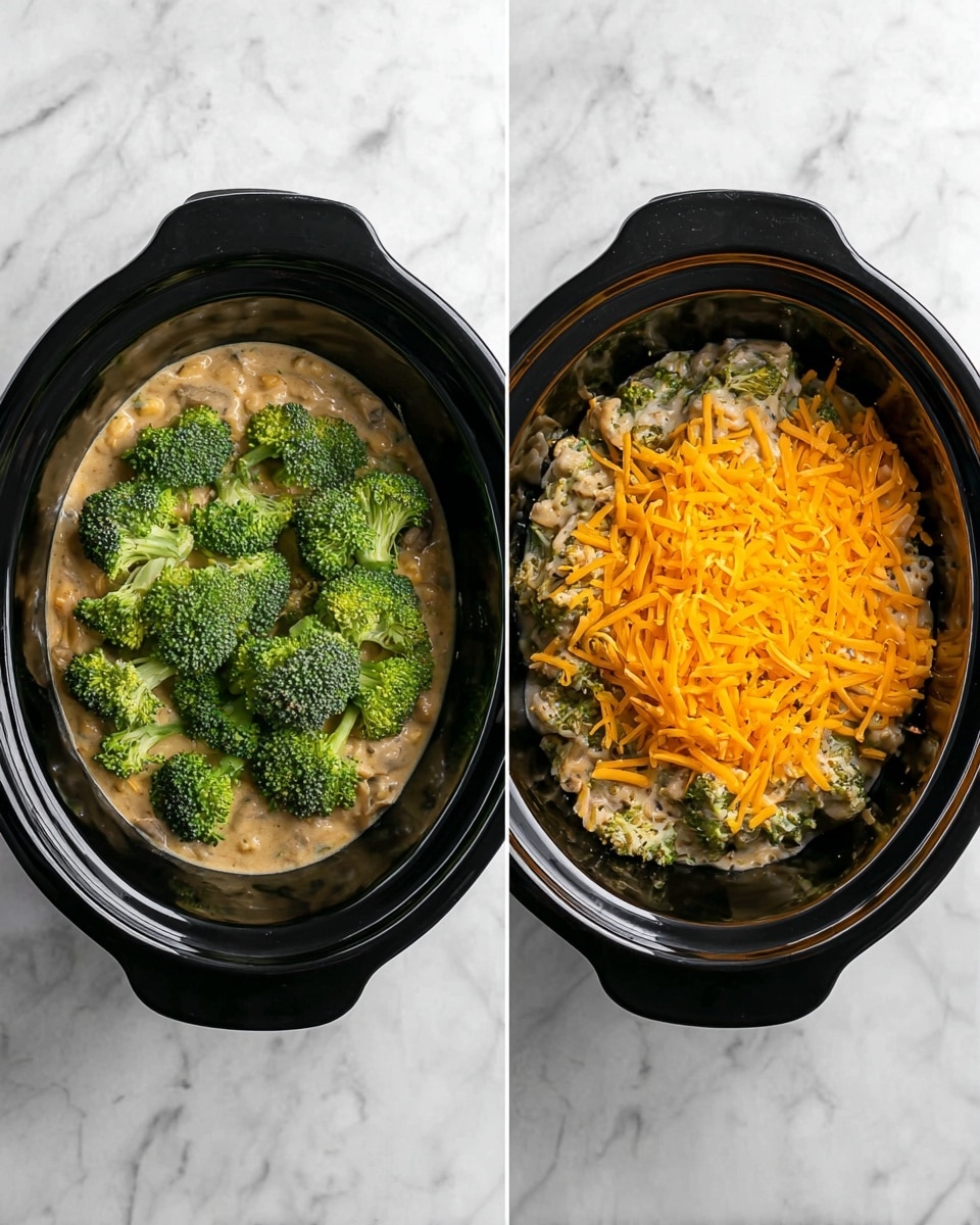 Two black slow cooker dishes are shown on a white marbled surface. The first dish has two layers: the bottom layer is a creamy beige sauce with visible texture, topped with a pile of fresh, bright green broccoli florets evenly spread across the surface. The second dish also has two layers: the bottom layer is a mix of cooked broccoli and sauce with bits of light-colored meat or grain, topped with a thick, even sprinkle of shredded, vivid orange cheddar cheese covering most of the surface. photo taken with an iphone --ar 4:5 --v 7