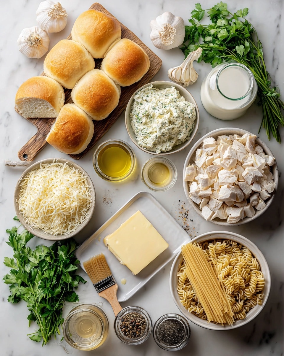 The image shows a white marbled surface filled with cooking ingredients arranged neatly. On the top left, six golden brown bread rolls with a soft texture sit on a wooden board, one roll is partially torn. Below the board are two bulbs of garlic and a stone bowl of creamy herb butter spread. To the right of the bread, a white bowl is filled with diced white cooked chicken pieces, and just below it is another white bowl with uncooked, twisted egg pasta. Next to the pasta are a glass jar of milk, a round glass dish of golden olive oil, and fresh green parsley bunches. Below the pasta is a small rectangular tray holding tied dry spaghetti. At the bottom center are a white plate with a square of pale yellow butter, a white bowl full of shredded white cheese, a brush with a wooden handle, and two small containers with black pepper and herbs. Several garlic cloves and more parsley decorate the scene. The setup shows fresh and dry ingredients ready for a pasta meal photo taken with an iphone --ar 4:5 --v 7