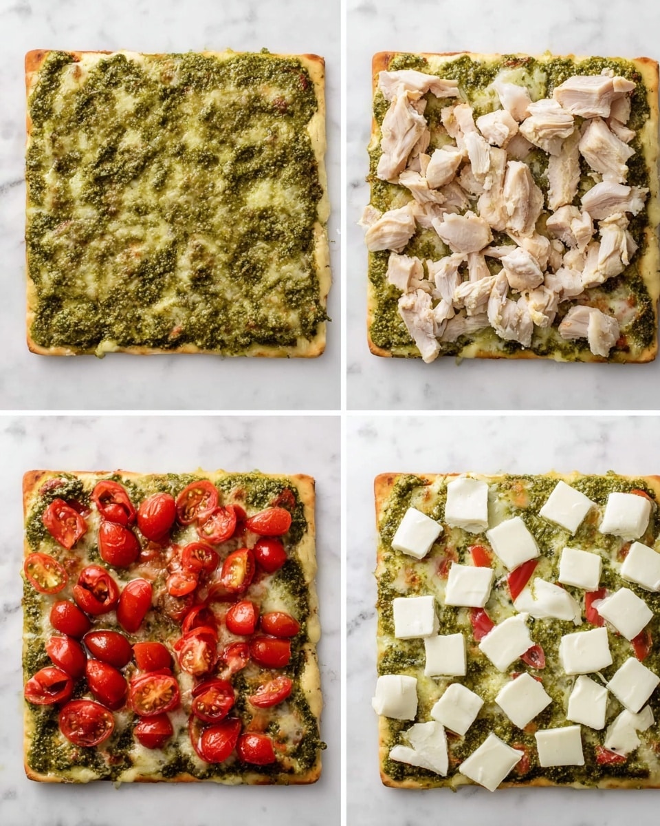 The image shows four white bowls arranged on a light wooden board placed on a white marbled surface. The top left bowl is filled with light pink, sliced cooked chicken pieces. The top right bowl contains white cubed cheese with smooth edges. The bottom left bowl has bright red, halved cherry tomatoes. The bottom right bowl holds a thick, dark green pesto sauce. Next to the bowls on the wooden board is a fresh bunch of green basil leaves. A knife with a wooden handle and silver blade rests diagonally on the top left of the board. photo taken with an iphone --ar 4:5 --v 7