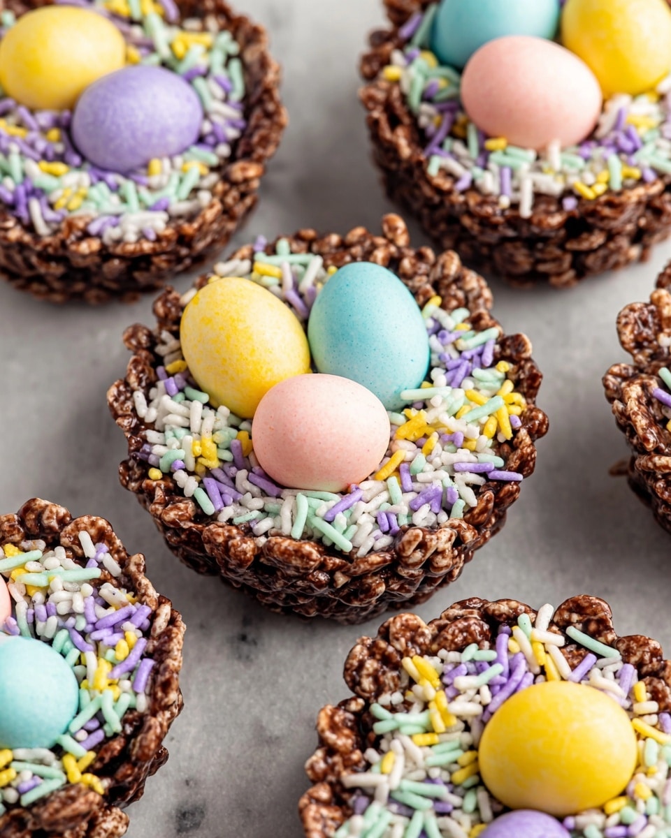 The image shows several small nests made from chocolate cereal clusters shaped into cups with a rough, bumpy texture and dark brown color. Each nest is topped with pastel-colored sprinkles in shades of lavender, yellow, pale pink, mint green, and white, creating a soft, colorful contrast against the dark chocolate base. On top of the sprinkles, there are three smooth, round candy eggs per nest in light blue, pale yellow, and soft pink colors. These nests are placed closely together on a white marbled surface, highlighting their bright pastel decorations. The overall look is festive and playful, with a mix of crunchy and smooth textures. photo taken with an iphone --ar 4:5 --v 7