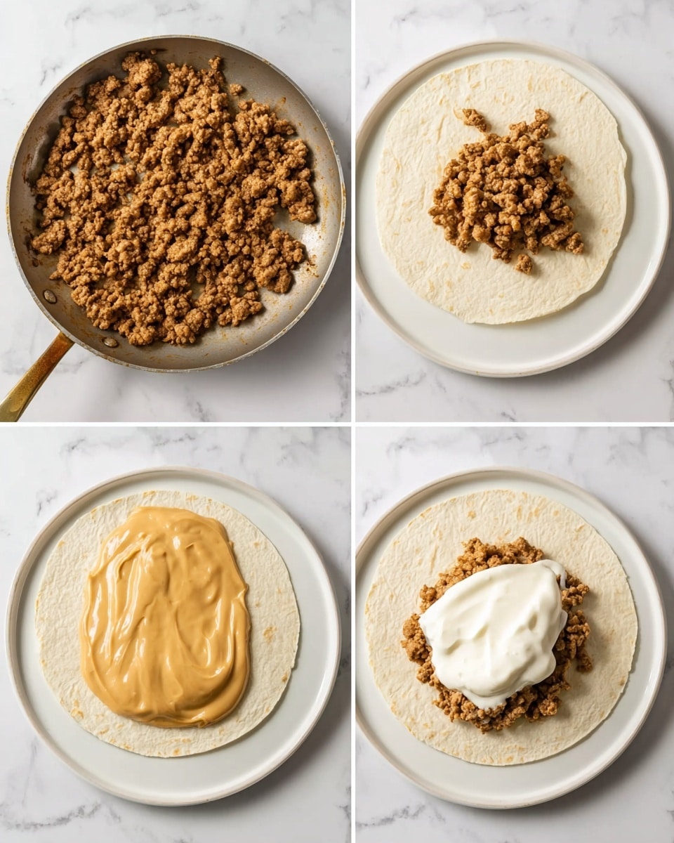 The image shows four steps of making a wrap, placed on a white marbled texture surface. The first square on the top left shows a skillet filled with cooked, brown ground meat with a crumbly texture. The second square on the top right shows a white round plate with a soft, light beige tortilla spread flat, and a small pile of the cooked ground meat placed in the center. The third square on the bottom left displays the same white plate and tortilla, but now with a thick layer of smooth, light brown peanut butter spread over the cooked meat in the middle. The fourth square on the bottom right shows again the white plate with tortilla and the peanut butter-covered meat, now topped with a dollop of white, creamy yogurt. photo taken with an iphone --ar 4:5 --v 7