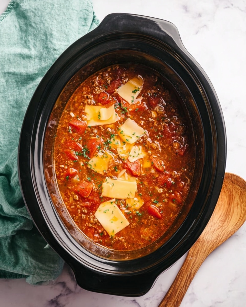 A black slow cooker filled with a reddish-brown thick soup that has visible chunks of tomatoes and minced meat, with several slices of bright orange cheese melting on top. The slow cooker is on a white marbled surface with a folded light teal cloth on the left side and a wooden spoon on the bottom right side. Photo taken with an iphone --ar 4:5 --v 7