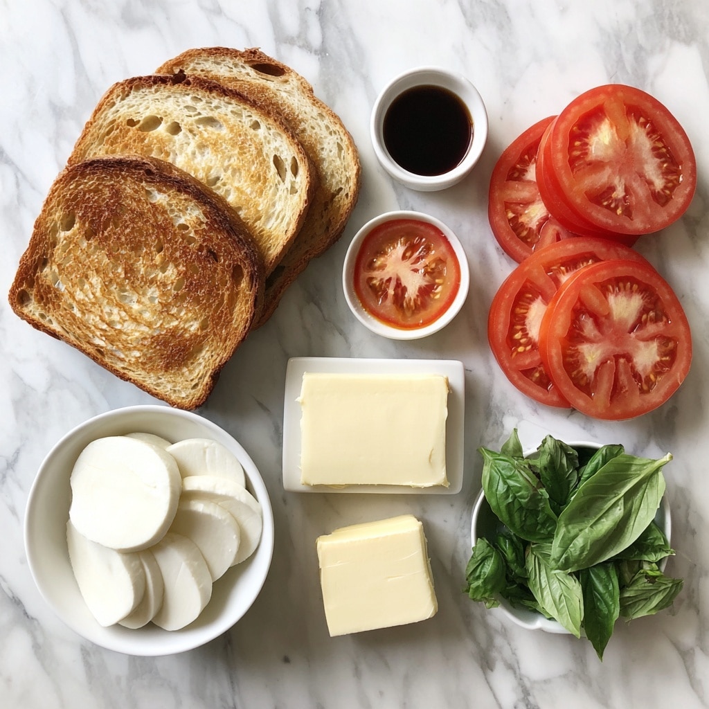 A grilled sandwich cut in half and stacked, showing layers of golden brown toasted bread on top and bottom with a slightly crispy texture. Inside, there is a layer of melted white cheese that looks soft and stretchy, covering fresh bright red tomato slices and green basil leaves. The sandwich is placed on a white marbled surface with a few fresh basil leaves nearby, adding to the fresh look. The photo taken with an iphone --ar 4:5 --v 7