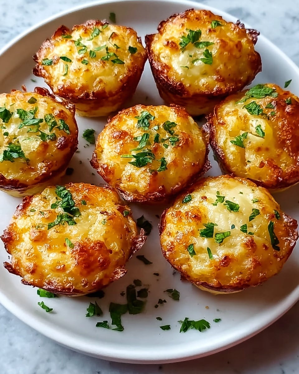 Seven small, golden-brown baked potato muffins with crispy edges sit close together on a round white plate. Each muffin has a rough, textured top with melted cheese and small green parsley pieces sprinkled evenly over them. The plate is placed on a white marbled surface. photo taken with an iphone --ar 4:5 --v 7