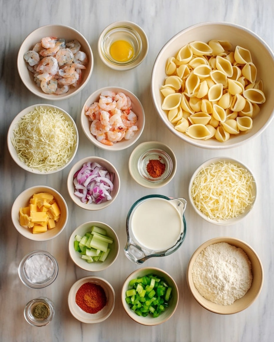 The image shows many small white bowls and a few light brown bowls neatly arranged on a white marbled surface, each holding different ingredients for a dish. On the right side, there is a large white bowl filled with uncooked pasta shells, and next to it, a glass measuring cup filled with milk. Other bowls contain peeled small shrimp, shredded crab meat, diced green bell peppers, chopped red onions, and cubes of butter. There is also a bowl of grated Parmesan cheese, shredded mozzarella cheese, a small dish of mayonnaise, a bowl of beaten eggs, and small dishes with paprika, salt, black pepper, diced celery, and flour. The ingredients have bright and fresh colors, with cream, yellow, green, pink, and white tones. The overall look is clean and organized, with each item clearly visible. photo taken with an iphone --ar 4:5 --v 7