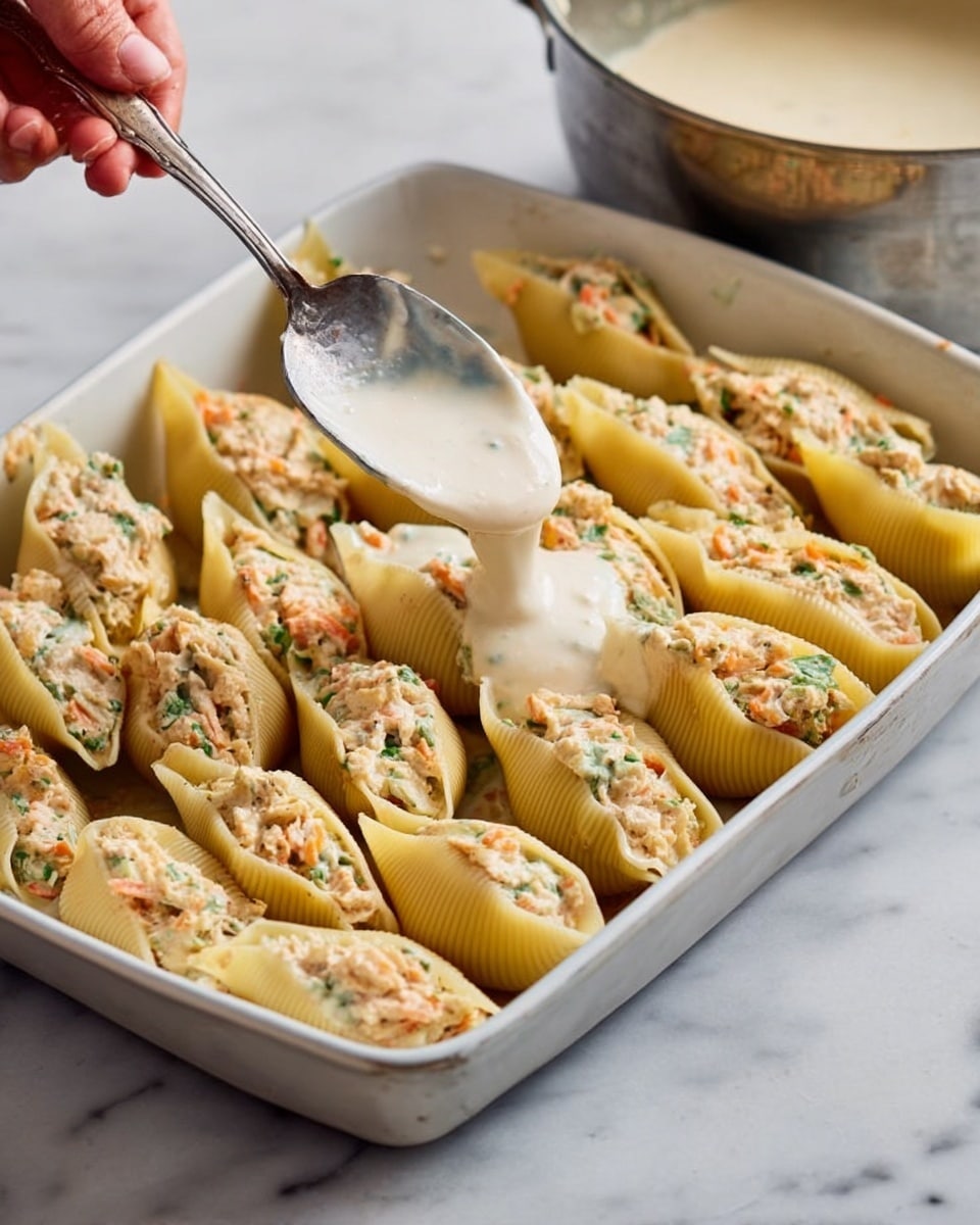 A white baking dish holds two rows of large stuffed pasta shells filled with a mixture of light beige shredded filling with small green and orange bits, arranged tightly side by side. A woman's hand holds a large silver spoon pouring creamy white sauce over the pasta shells, creating a smooth layer on top that starts to cover the fillings. The dish is set on a white marbled surface, and part of a metal pot with more sauce is visible to the right. The image is bright and clear, showing the textures of the pasta, filling, and sauce. photo taken with an iphone --ar 4:5 --v 7