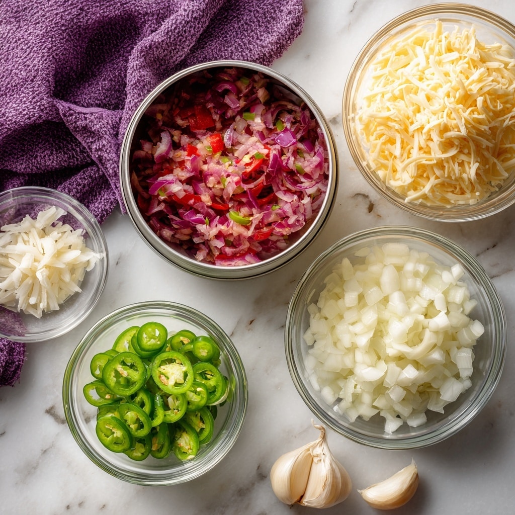 The image shows five clear glass bowls and one open metal can arranged on a white marbled surface. The metal can at the top center holds cooked red and green diced vegetables with a textured, juicy look. Below it, two glass bowls side by side: the left bowl is filled with fine pale yellow shredded cheese piled high, while the right bowl contains small white and translucent diced onions. At the bottom left, another bowl has bright green diced jalapeño peppers with a crisp texture. To the bottom right, a small glass bowl holds a single peeled clove of garlic. In the top left corner, a purple cloth is casually draped on the surface. Photo taken with an iphone --ar 4:5 --v 7