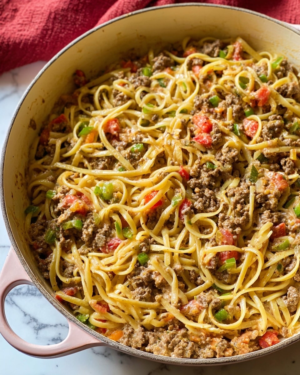 A close-up view of a large pan filled with creamy pasta mixed with ground meat, small diced red tomatoes, green bell peppers, and chopped onions. The pasta strands are thick and yellowish, coated with a light creamy sauce that blends well with the crumbled brown meat and colorful vegetable pieces, giving a rich textured look. The pan is white inside with a muted pink outer edge and handle, sitting on a white marbled surface with a soft red cloth in the background. photo taken with an iphone --ar 4:5 --v 7